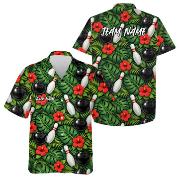 Maxcorners Custom Tropical Leaves And Hibiscus Flower Hawaiian Bowling Shirts For Men And Women 6 LM0503