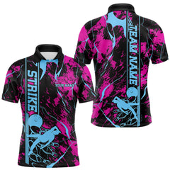 Maxcorners Custom Blue And Pink Strike Bowling Polo Team Shirts For Men, Strike Bowling Jersey TU0506