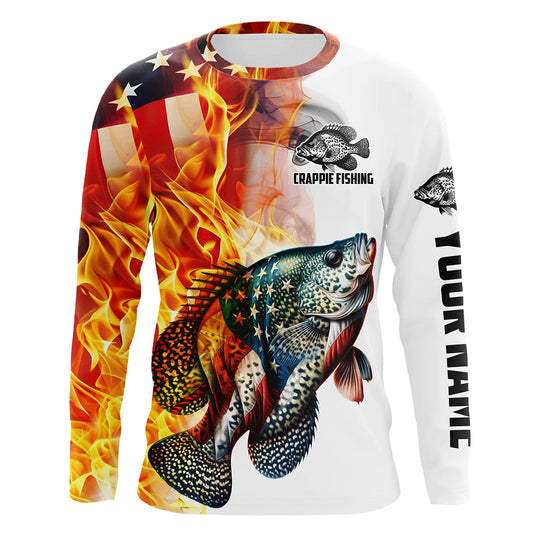 Maxcorners Flame American Flag Custom Crappie Fishing Shirts, Patriotic Crappie Long Sleeve Fishing Jerseys LM2408