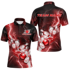 Maxcorners Custom Red Thunder Lightning Bowling Polo Shirts For Men, Bowling League Shirt MT0609