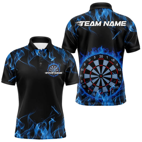 Maxcorners Custom Black And Blue Flame Dartboard Dart Polo Shirts For Men, Dart Players Outfits MT0410