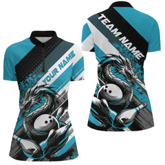 Maxcorners Black And Blue Custom Dragon Bowling Polo Shirts For Women, Dragon Bowling League Shirt