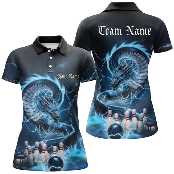 Maxcorners Custom Black And Blue Thunder Lightning Dragon Bowling Polo Shirts For Women Bowling Jerseys