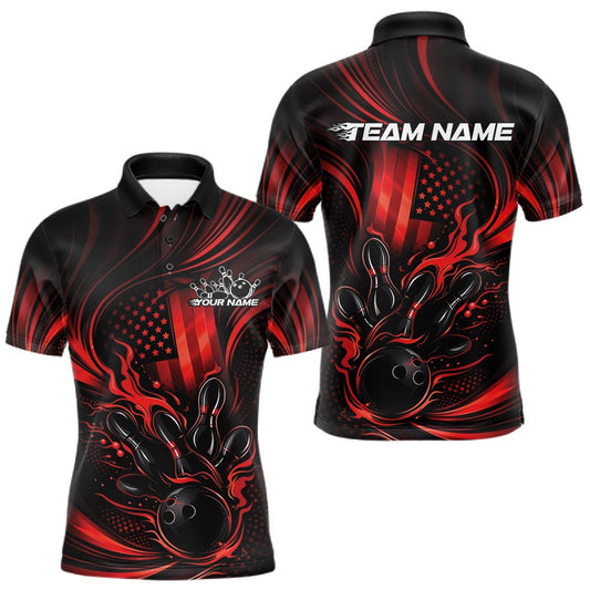 Maxcorners Custom Red Patrotic Flame Bowling Men Polo Shirt, US Flag Bowling Team Jersey LM1104