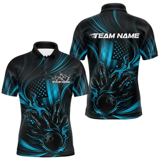 Maxcorners Custom Turquoise Blue Patrotic Flame Bowling Men Polo Shirt, US Flag Bowling Team Jersey LM1104
