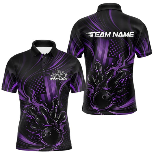 Maxcorners Custom Purple Patrotic Flame Bowling Men Polo Shirt, US Flag Bowling Team Jersey LM1104