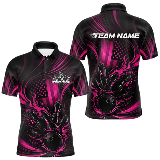 Maxcorners Custom Pink Patrotic Flame Bowling Men Polo Shirt, US Flag Bowling Team Jersey LM1104