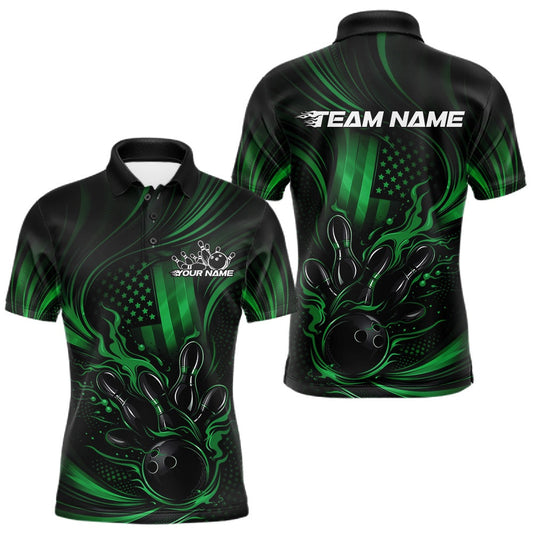 Maxcorners Custom Green Patrotic Flame Bowling Men Polo Shirt, US Flag Bowling Team Jersey LM1104
