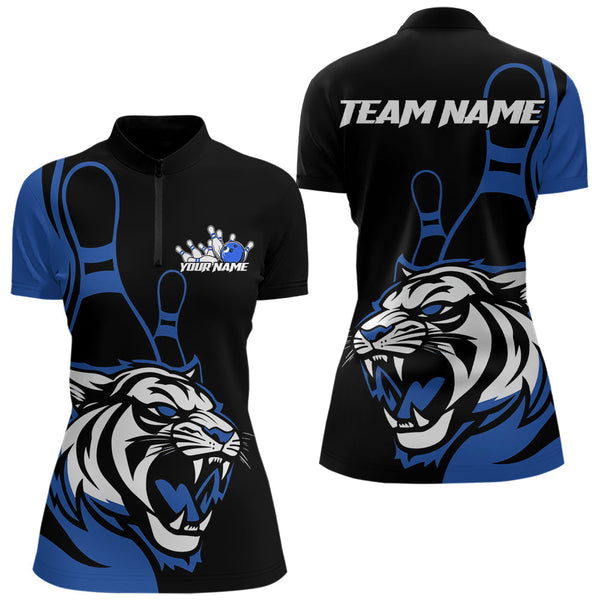 Maxcorners Custom Black And Blue Tiger Bowling Jerseys, Tiger Bowling Team Men Polo Shirts