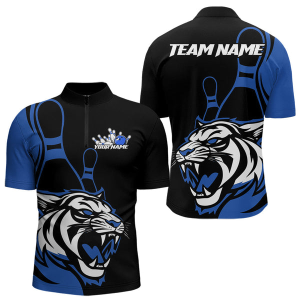 Maxcorners Custom Black And Blue Tiger Bowling Jerseys, Tiger Bowling Team Men Polo Shirts