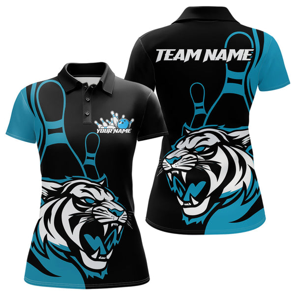 Maxcorners Custom Black And Cool Blue Tiger Bowling Jerseys, Tiger Bowling Team Men Polo Shirts