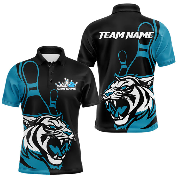 Maxcorners Custom Black And Cool Blue Tiger Bowling Jerseys, Tiger Bowling Team Men Polo Shirts