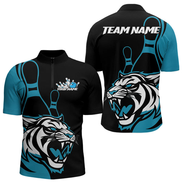 Maxcorners Custom Black And Cool Blue Tiger Bowling Jerseys, Tiger Bowling Team Men Polo Shirts