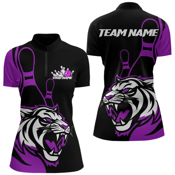 Maxcorners Custom Black And Purple Tiger Bowling Jerseys, Tiger Bowling Team Men Polo Shirts