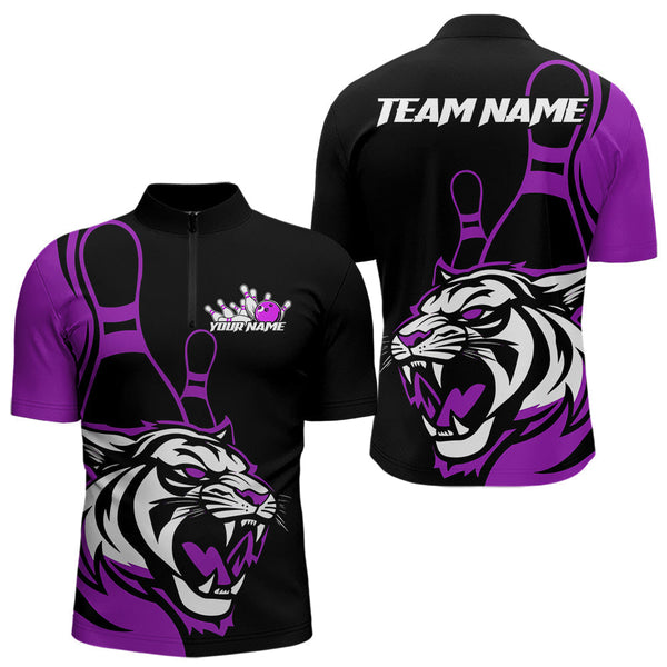 Maxcorners Custom Black And Purple Tiger Bowling Jerseys, Tiger Bowling Team Men Polo Shirts