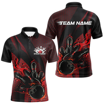 Maxcorners Custom Black And Red Flame Bowling Polo Shirt For Men, Bowling Team Tournament Jersey LM0404
