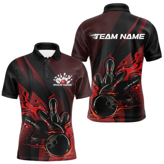 Maxcorners Custom Black And Red Flame Bowling Polo Shirt For Men, Bowling Team Tournament Jersey LM0404