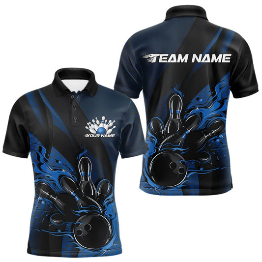 Maxcorners Custom Black And Blue Flame Bowling Polo Shirt For Men, Bowling Team Tournament Jersey LM0404