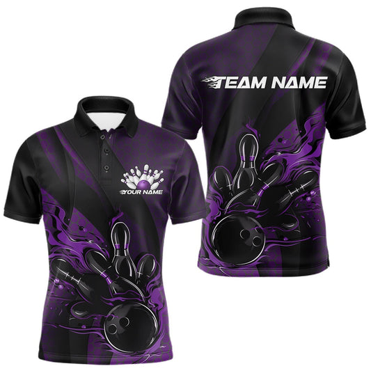 Maxcorners Custom Black And Purple Flame Bowling Polo Shirt For Men, Bowling Team Tournament Jersey LM0404