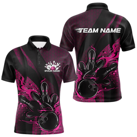 Maxcorners Custom Black And Pink Flame Bowling Polo Shirt For Men, Bowling Team Tournament Jersey LM0404