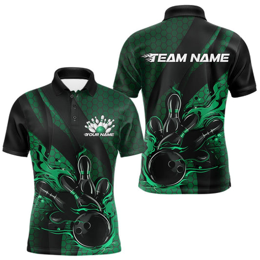 Maxcorners Custom Black And Green Flame Bowling Polo Shirt For Men, Bowling Team Tournament Jersey LM0404