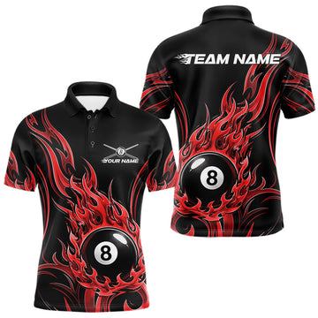 Maxcorners Custom Red Tribal Flame 8 Ball Billiards Men Polo Shirt, Pool League Shirt