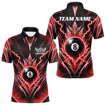 Maxcorners Custom Red Icy Thunder Lightning 8 Ball Billiards Men Polo Shirt, Pool League Shirt