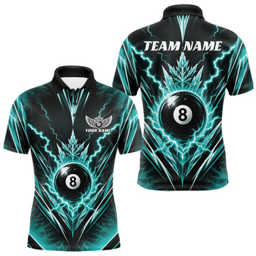Maxcorners Custom Turquoise Blue Icy Lightning 8 Ball Billiards Men Polo Shirt, League Shirt