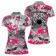 Maxcorners Custom Pink Splatter Bowling Team Polo Shirts For Men And Women Bowling Tournament Shirts
