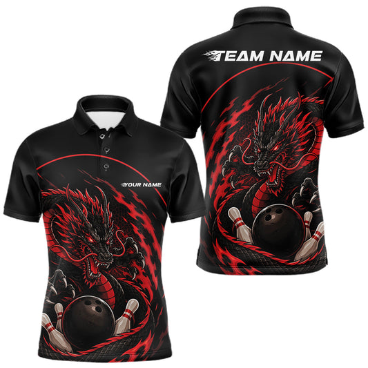Maxcorners Personalized Red Flame Coiled Dragon Bowling Men Polo Shirt Team Uniform