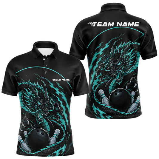 Maxcorners Personalized Blue Flame Coiled Dragon Bowling Men Polo Shirt Team Uniform