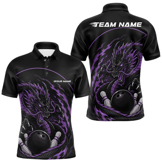 Maxcorners Personalized Purple Flame Coiled Dragon Bowling Men Polo Shirt Team Uniform