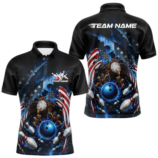 Maxcorners Custom Patriotic American Flag Bald Eagle Bowling Men Polo Shirt, US Bowling Jerseys