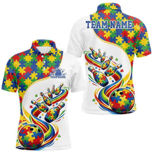 Maxcorners Custom Colorful Autism Awareness Butterfly Ribbon Bowling Men Shirt, Puzzles Jersey 4 LM1104