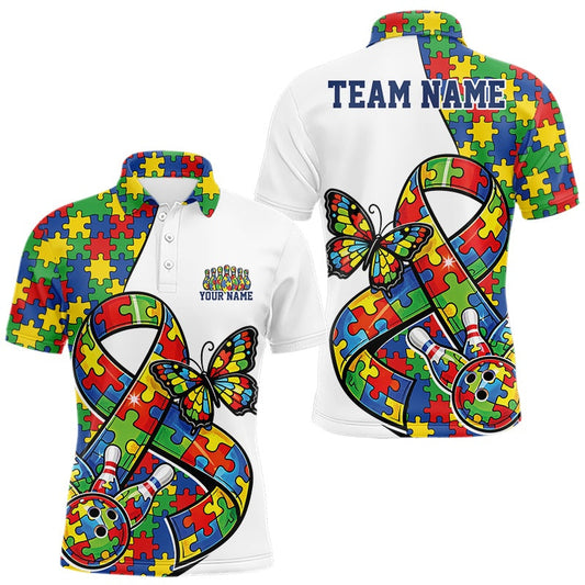 Maxcorners Custom Colorful Autism Awareness Butterfly Ribbon Bowling Men Shirt, Puzzles Jersey 8 LM1104