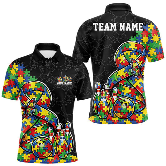 Maxcorners Custom Colorful Autism Awareness Butterfly Ribbon Bowling Men Shirt, Puzzles Jersey 9 LM1104