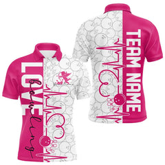 Maxcorners White And Pink Custom Love Bowling Polo Shirts, Valentines Couple Bowling Jerseys
