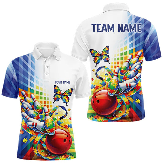 Maxcorners Custom Autism Awareness Butterfly Bowling Team Men Polo Shirt, Puzzles Bowling Jersey