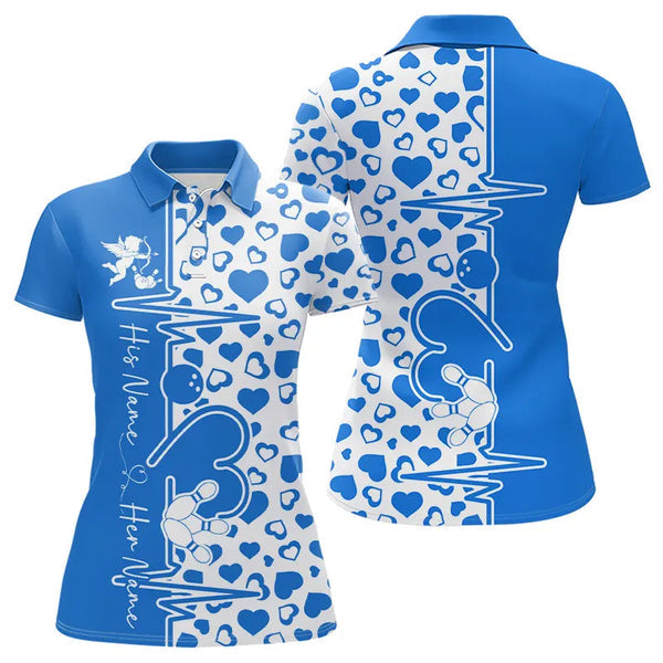 Maxcorners Blue Bowling Heartbeat Pulse Line Custom Valentines Day Bowling Polo Shirts
