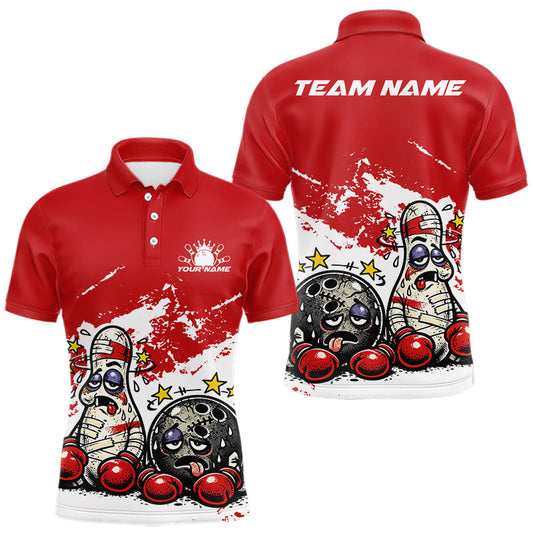 Maxcorners Custom Funny Boxing Bowling Men Polo Shirt, Red Grunge Bowling Team Tournament Jersey