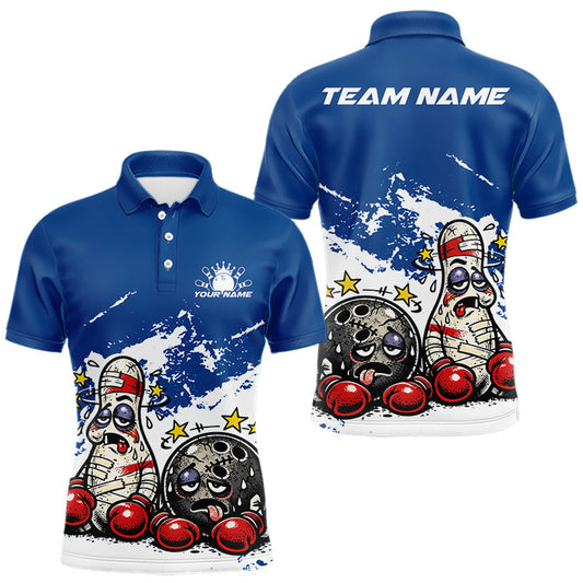 Maxcorners Custom Funny Boxing Bowling Men Polo Shirt, Blue Grunge Bowling Team Tournament Jersey LM2704