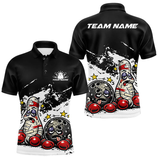 Maxcorners Custom Funny Boxing Bowling Men Polo Shirt, Black Grunge Bowling Team Tournament Jersey LM2704