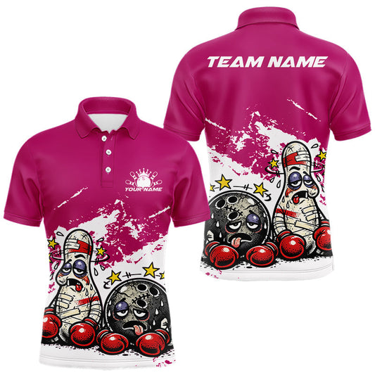Maxcorners Custom Funny Boxing Bowling Men Polo Shirt, Pink Grunge Bowling Team Tournament Jersey LM2704