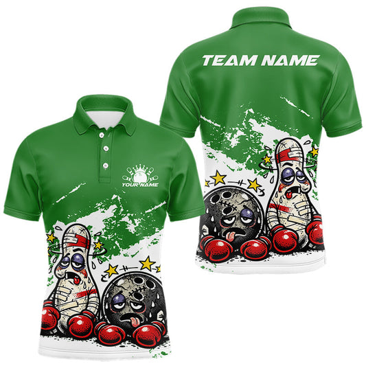 Maxcorners Custom Funny Boxing Bowling Men Polo Shirt, Green Grunge Bowling Team Tournament Jersey LM2704