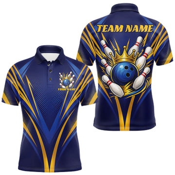 Maxcorners Custom Blue And Gold Crowned Bowling Ball Bowling King Bowling Team Men Polo Shirt