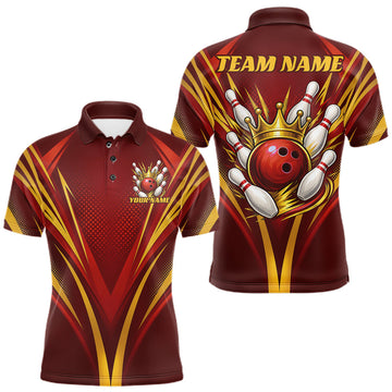 Maxcorners Custom Red And Gold Crowned Bowling Ball Bowling King Bowling Team Men Polo Shirt