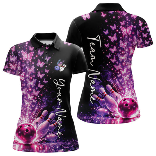 Custom Pink And Purple Butterfly Women Bowling Polo Shirt, Bowling League Shirt LM1203