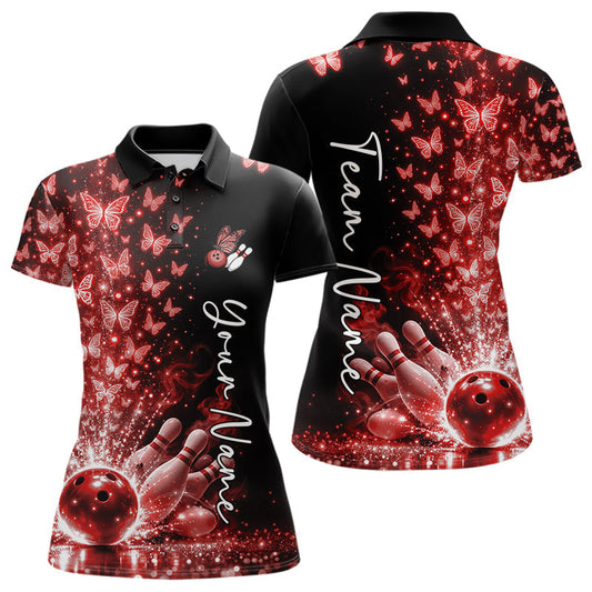 Custom Red Butterfly Women Bowling Polo Shirt, Bowling League Shirt LM1203