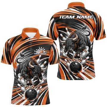 Maxcorners Custom Black And Orange Angry Bull Bowling Jerseys, Bowling Team League Men Polo Shirt