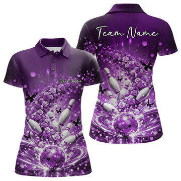 Custom Elegant Purple Roses And Butterfly Women Bowling Shirt, Flower Bowling League Shirt LM1203